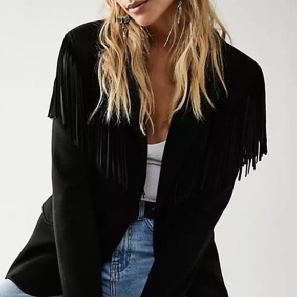 NWT Free People X Blank NYC Show Stopper Black Fringe Blazer Size Large - Picture 4 of 10